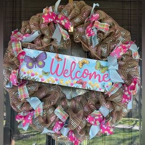 Welcome Butterfly Spring Ribbons Wreath Handmade